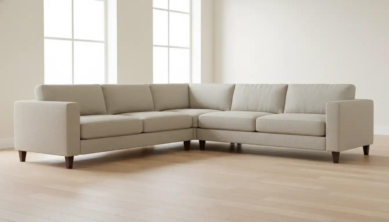 A neutral-toned, square-arm sectional sofa resting on dark wooden legs in a well-lit, empty room.