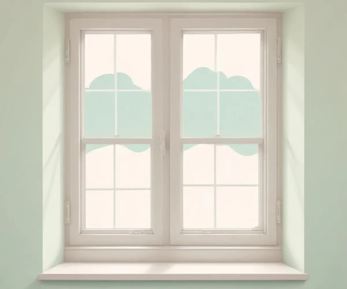 A white vinyl replacement window with colonial grids, viewed from the interior of a room with neutral-colored walls.