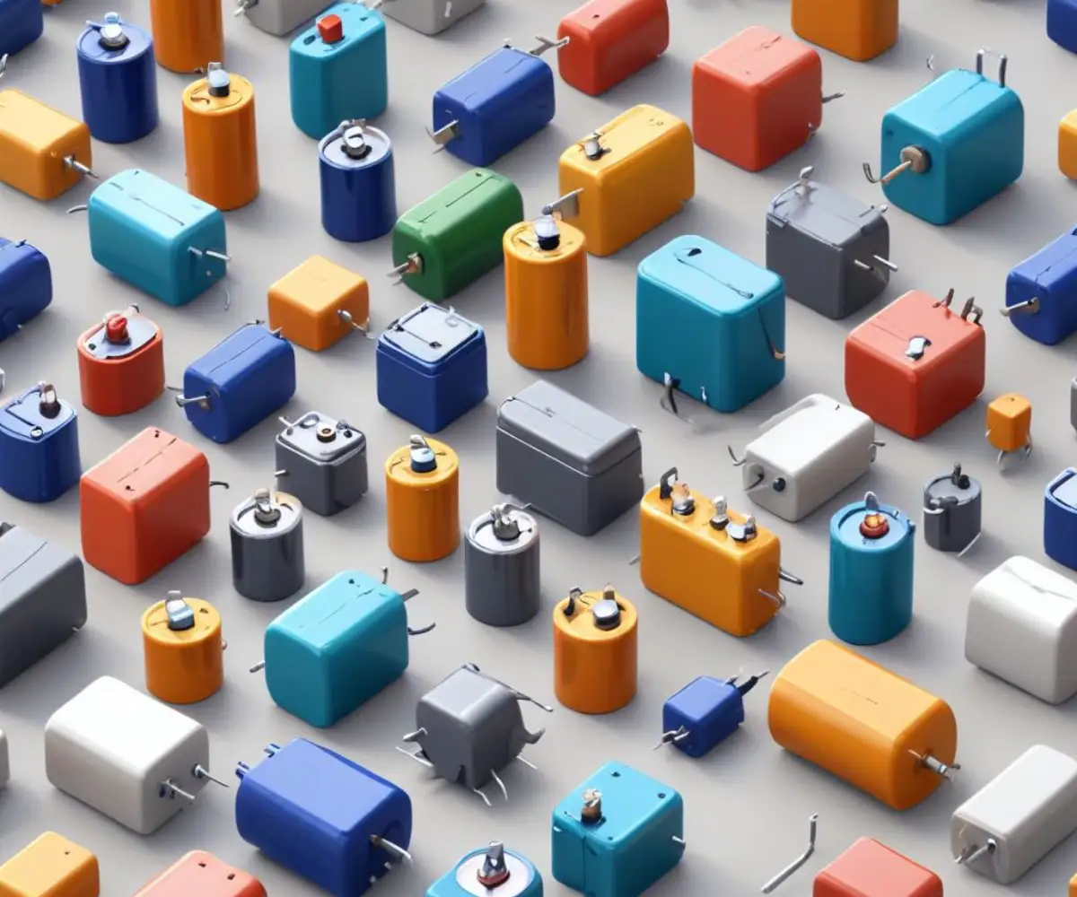 Assorted electronic capacitors with varying sizes and colors on a clean, white surface.