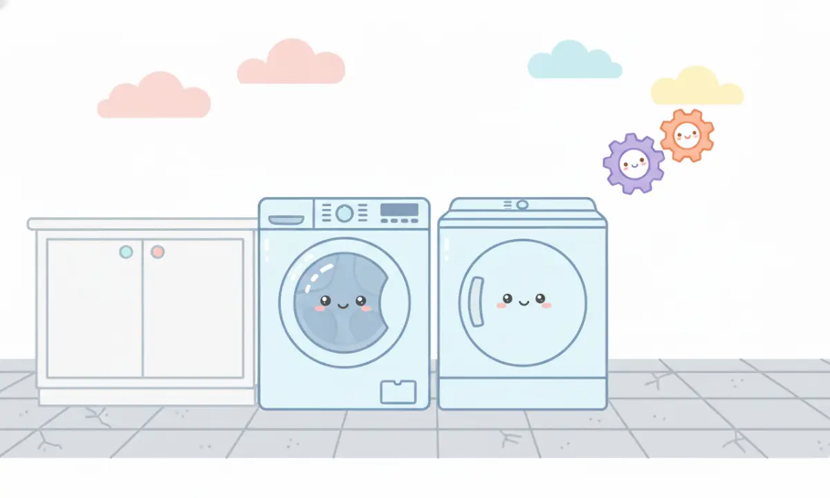 A front-loading washing machine and a matching electric dryer standing side-by-side inside a brightly lit, modern laundry room with white cabinets and a light gray tiled floor.