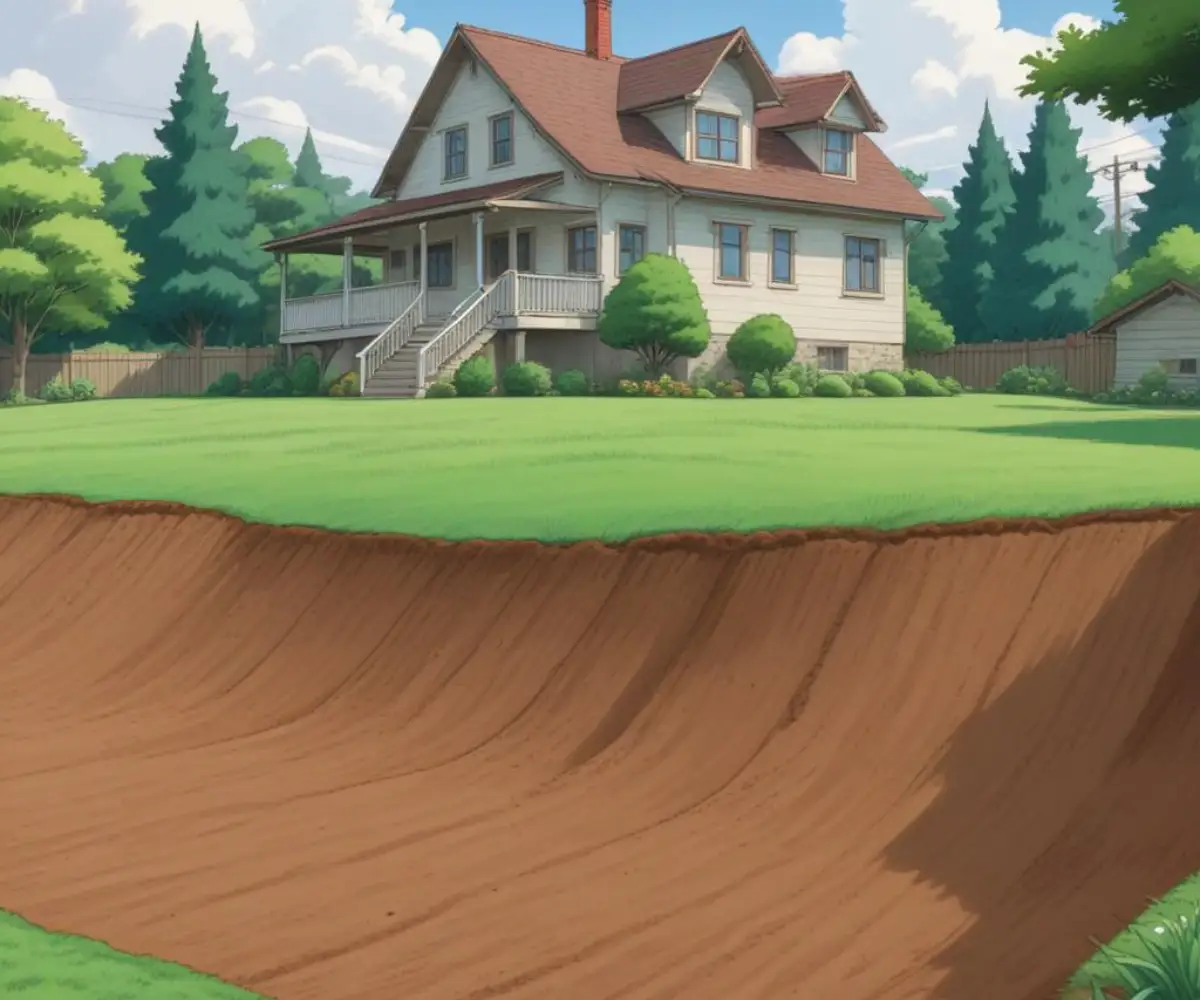 A freshly regraded residential backyard with smooth, evenly sloped topsoil, prepared for seeding or sod installation, with a house in the background.