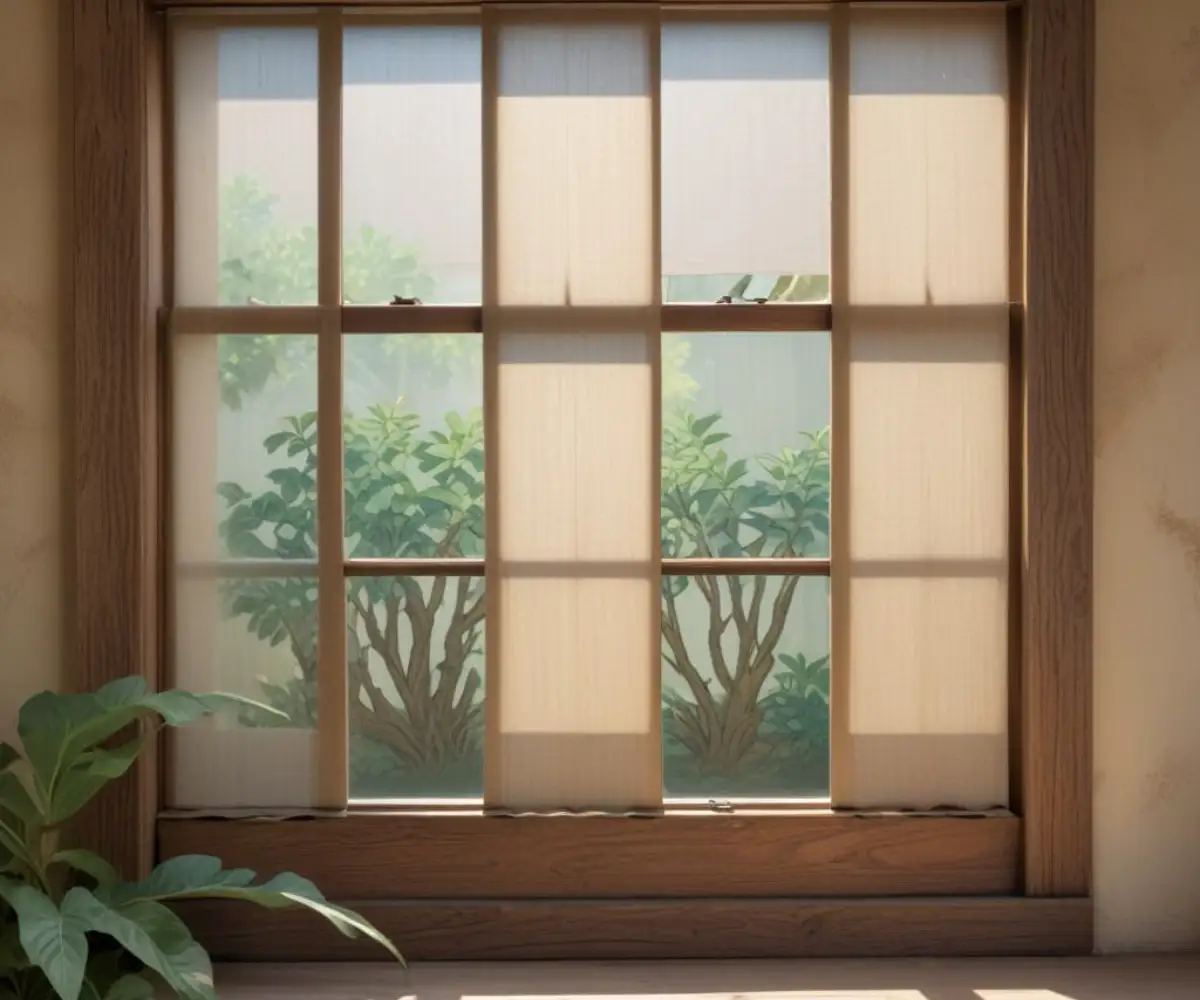 A close-up of custom-made, light-filtering cellular shades installed neatly inside a window frame.