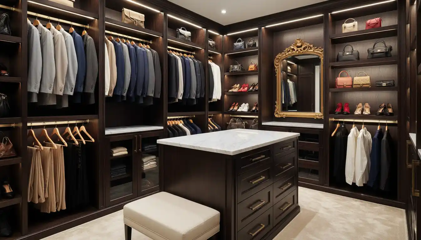 A custom walk-in closet with dark wood shelving, multiple hanging rods, and built-in drawers.