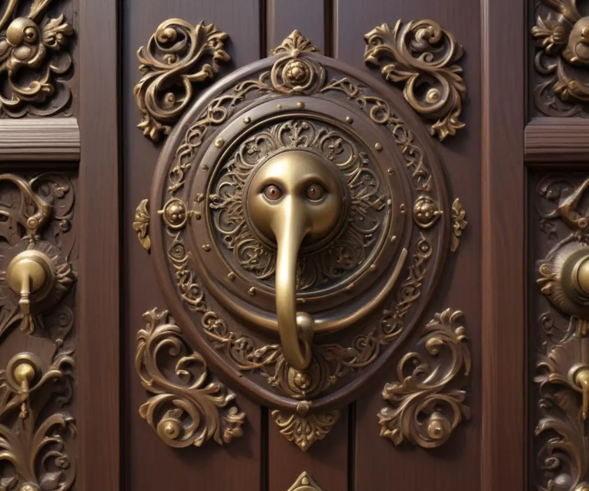 A close-up of a dark, solid wood front door with ornate carved panels and a heavy-duty, antique brass handle and lockset.