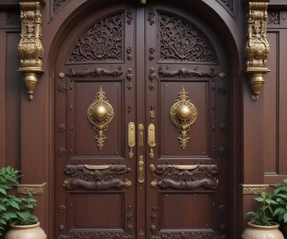 A solid dark wood front door with intricate carved details and ornate brass hardware.