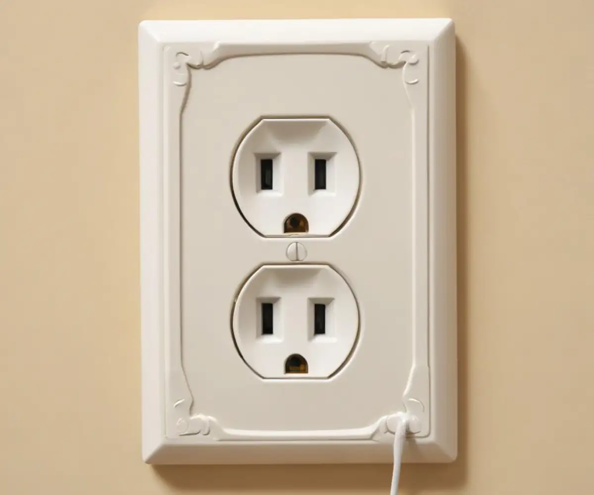 A warped white plastic electrical outlet cover screwed into a light-colored wall.