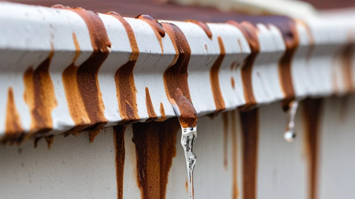 Close-up of water drops leaking from a rusty seam on the underside of a white gutter.