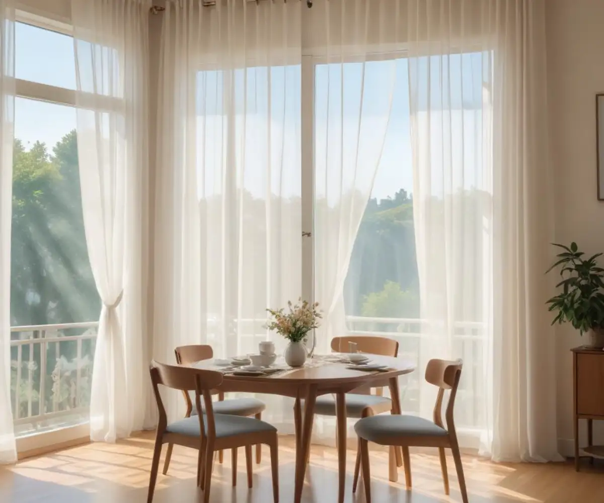 Luxurious, floor-length, custom-made sheer curtains hanging in a bright, modern dining room with large windows.