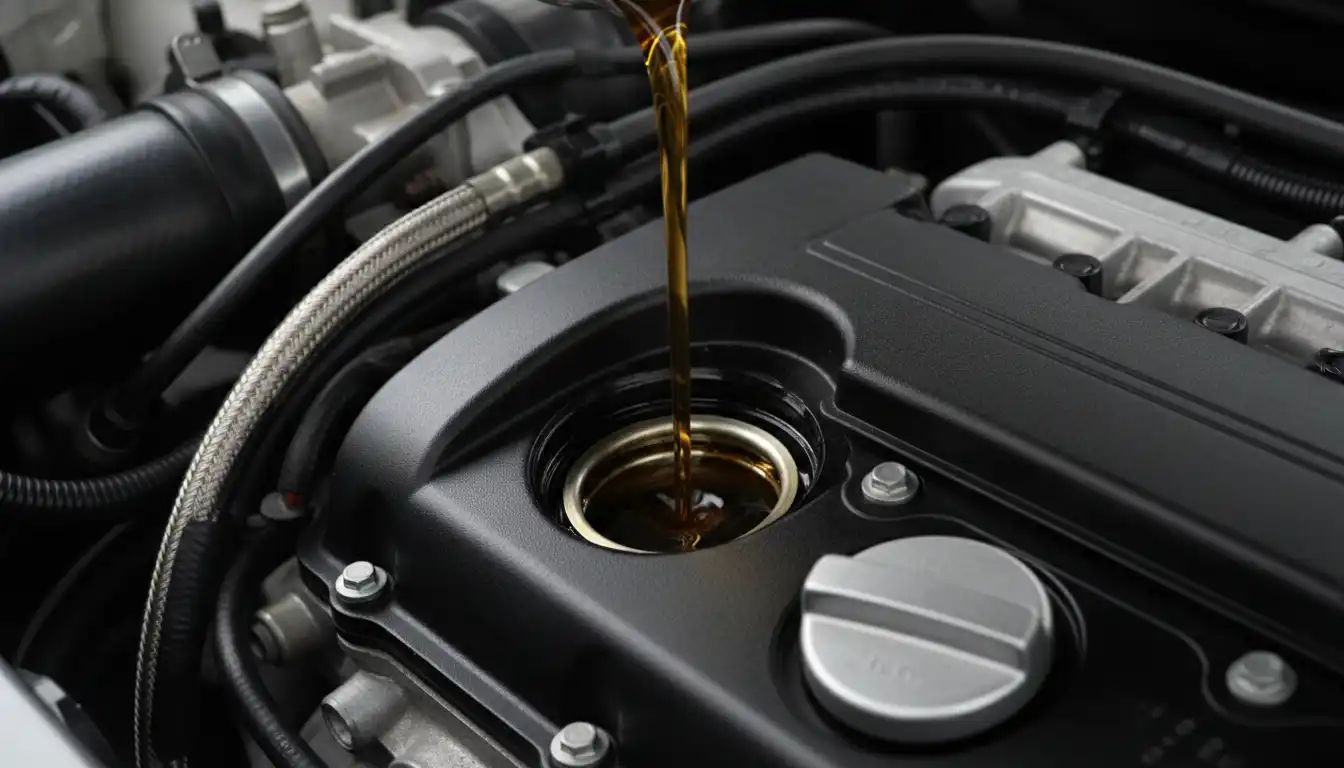 Close-up of fresh motor oil being poured into an engine.