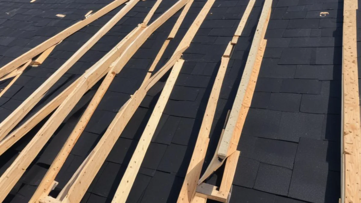 A residential roof partially stripped, showing exposed wood sheathing and black underlayment.