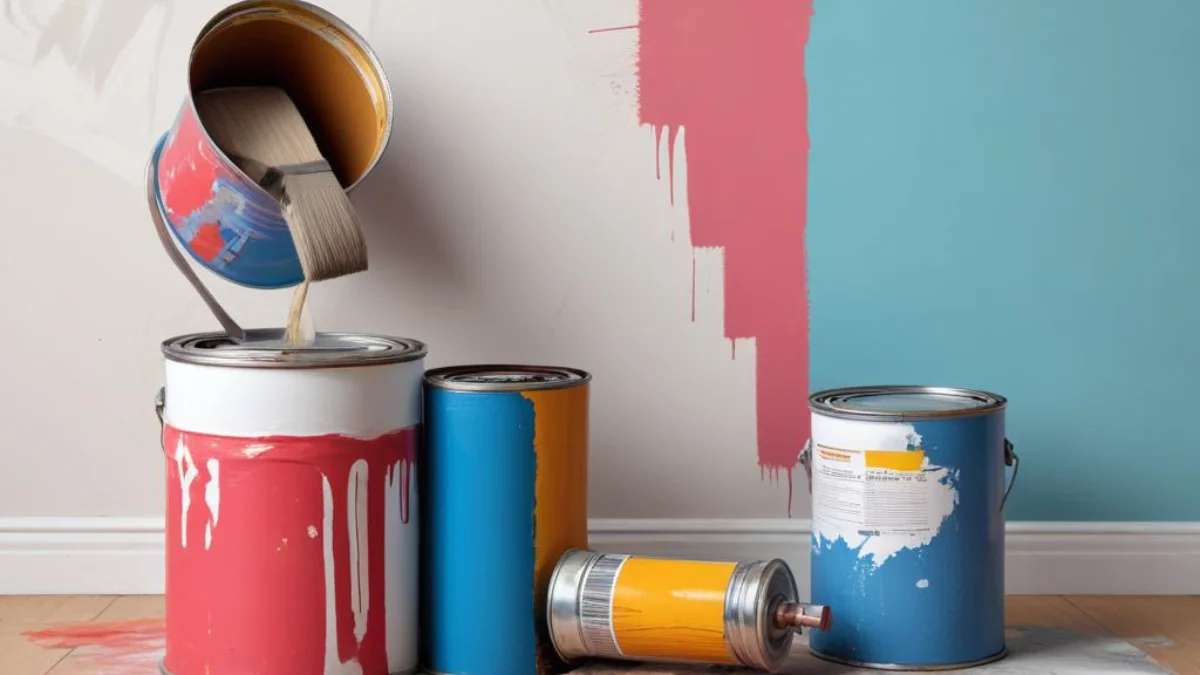 A paint can and roller left abandoned in front of a half-painted wall during a home renovation.