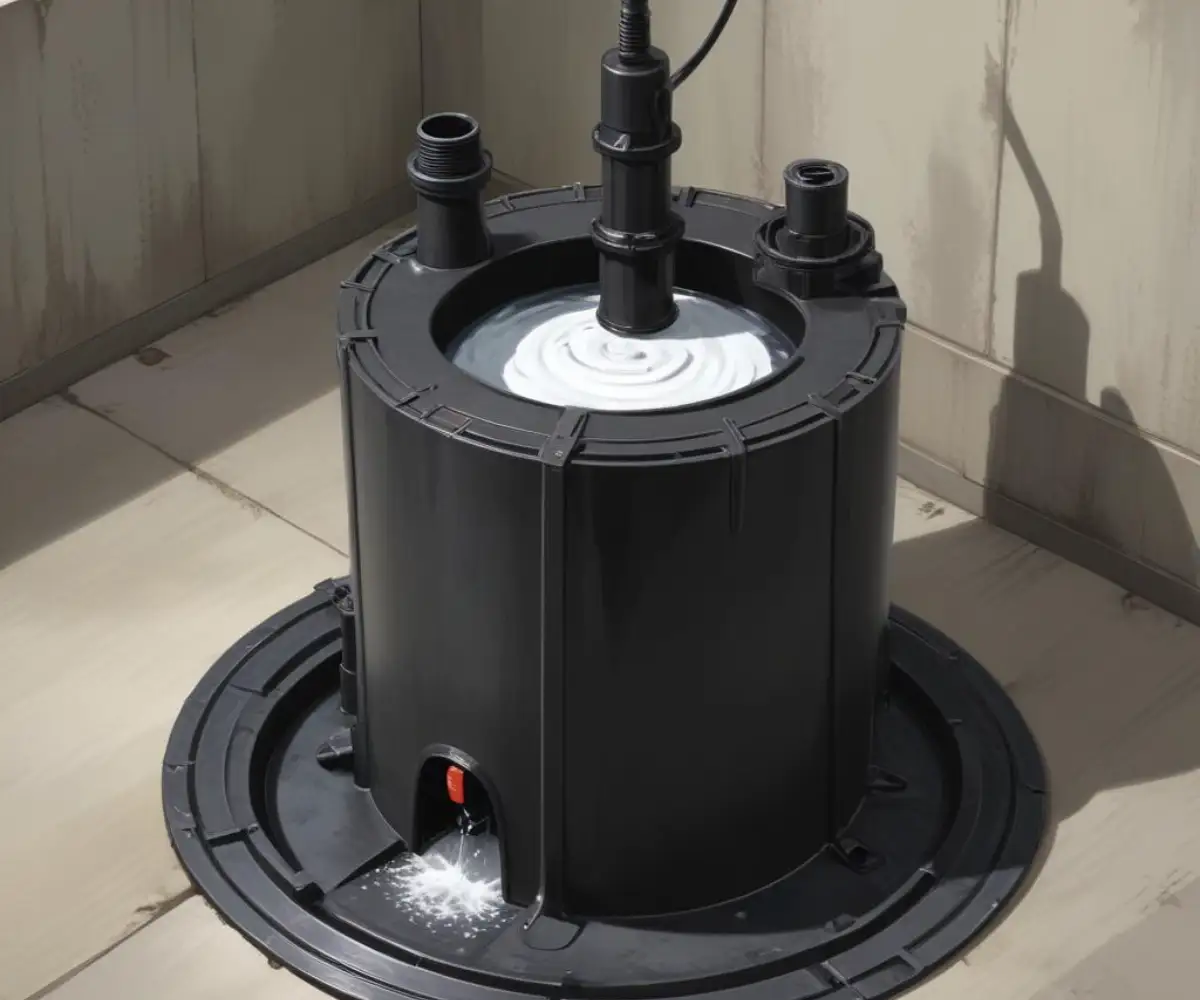 A black submersible sump pump with a white vertical float switch sits inside a circular, black plastic sump basin set into a concrete floor.