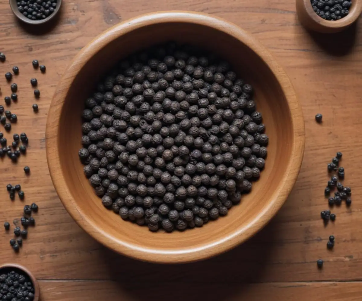 A small wooden bowl filled with whole black peppercorns on a textured wooden surface.