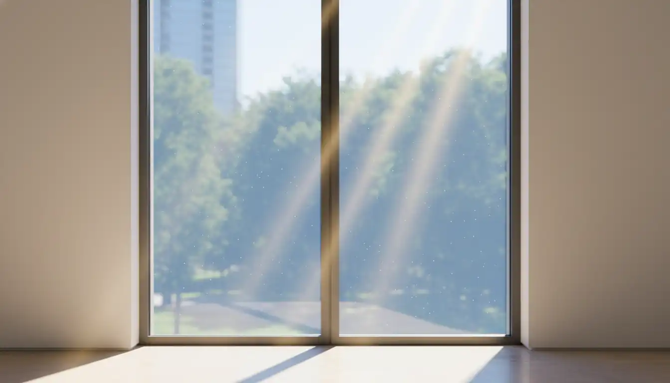 Sunlight streaming through a modern, energy-efficient window with a noticeable blue tint on the glass.