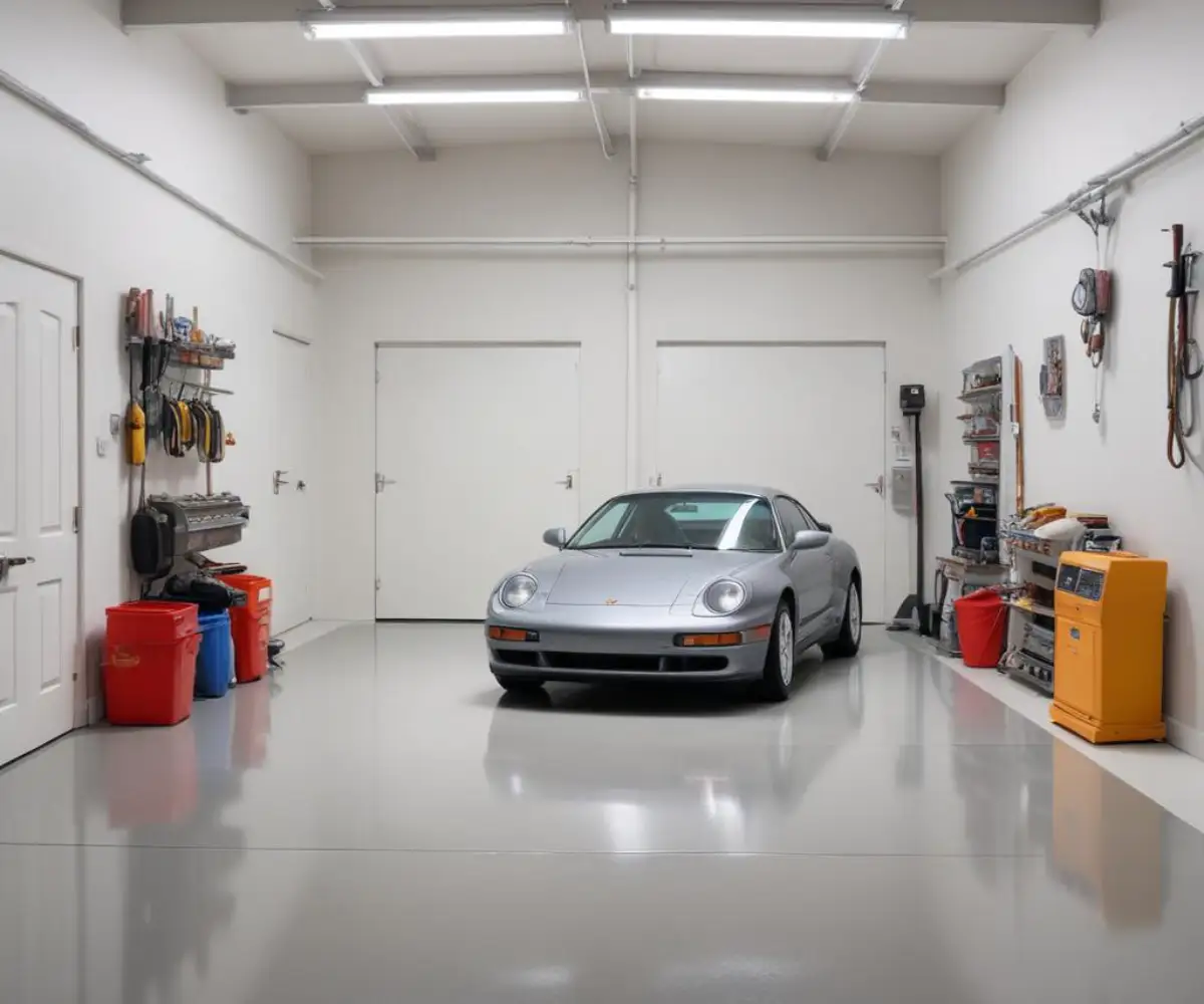 Interior of a clean, residential two-car garage with a gray epoxy floor and white walls.