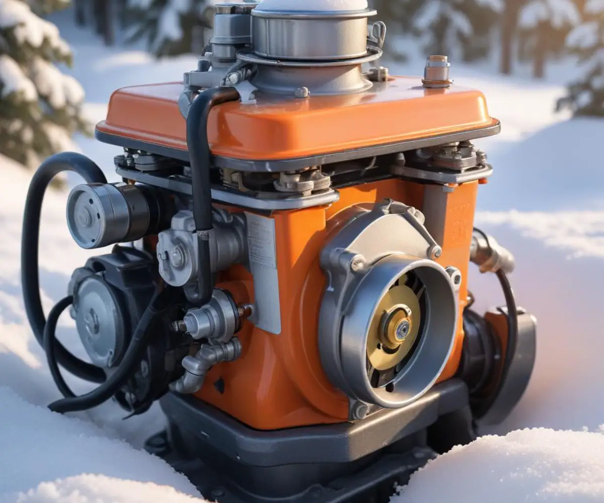Close-up view of a snowblower engine carburetor and fuel lines.