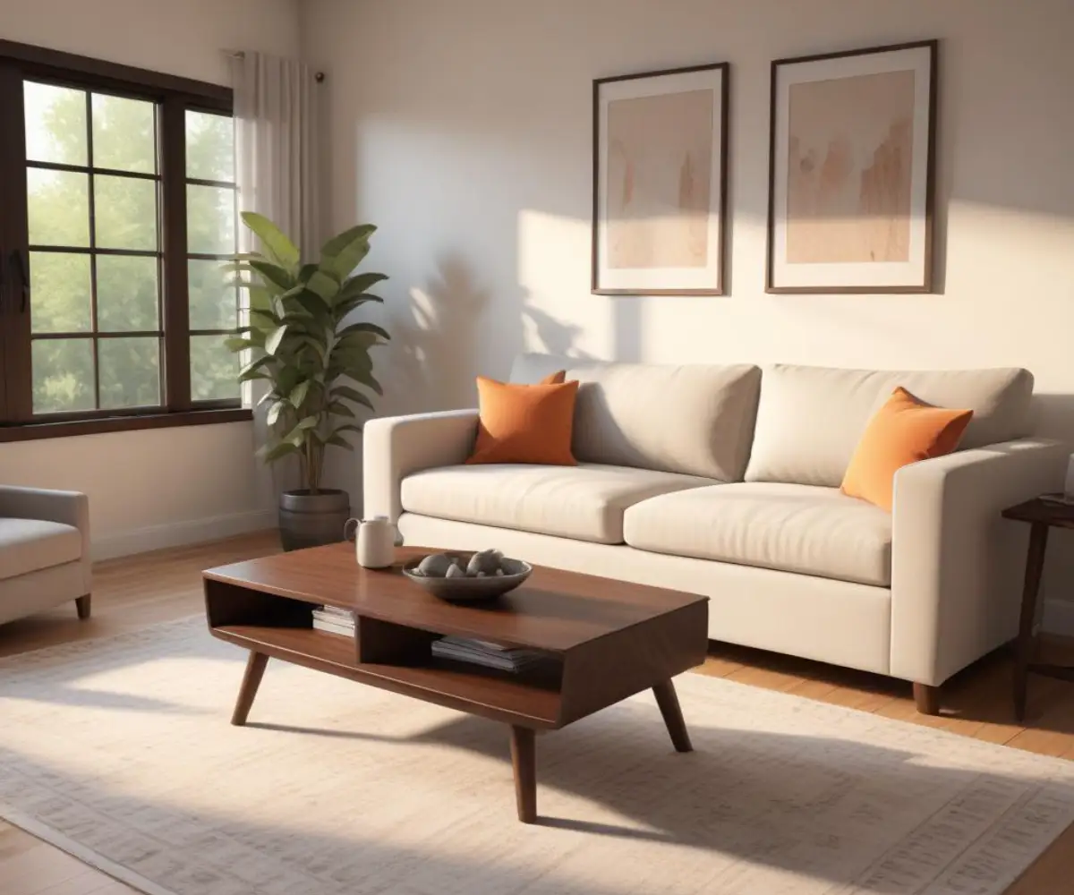 A well-lit, neutral-toned living room with a fabric sofa, a dark wood coffee table, and an area rug on a light wood floor.