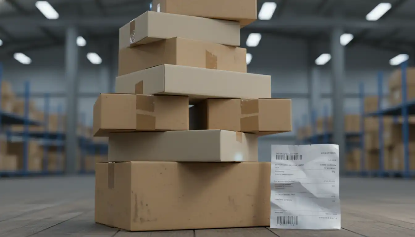 A stack of cardboard shipping boxes next to a crumpled shipping invoice.