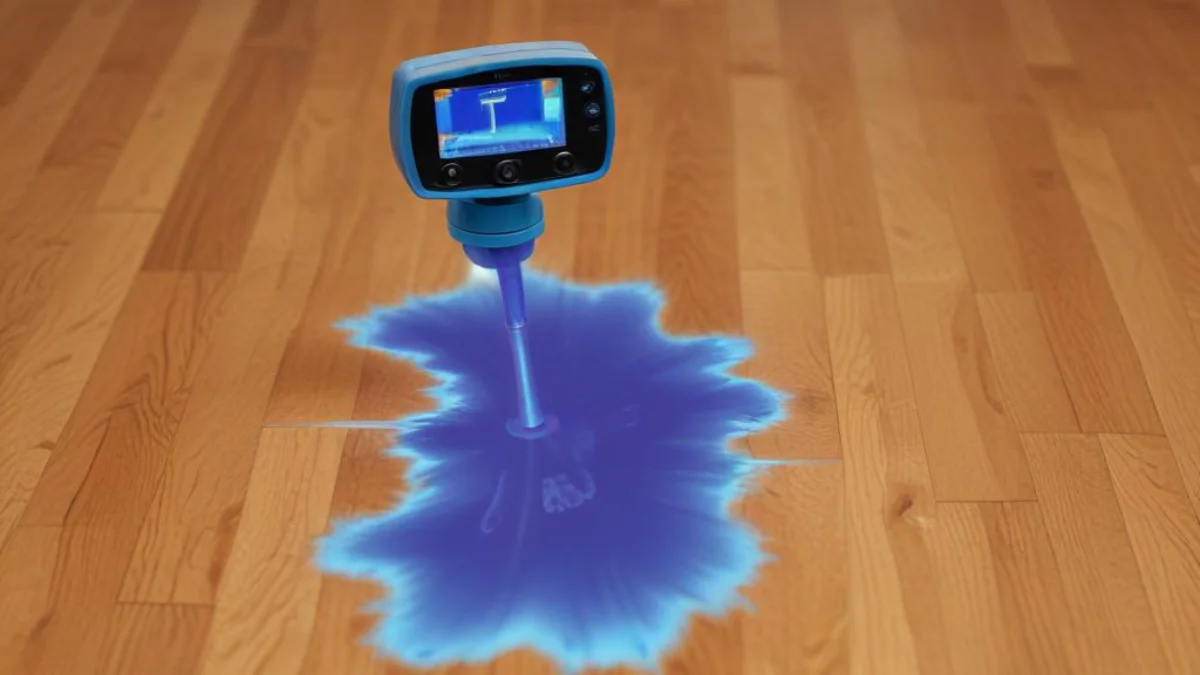 Thermal camera view of a blue cold spot on a hardwood floor indicating an area of heat loss.
