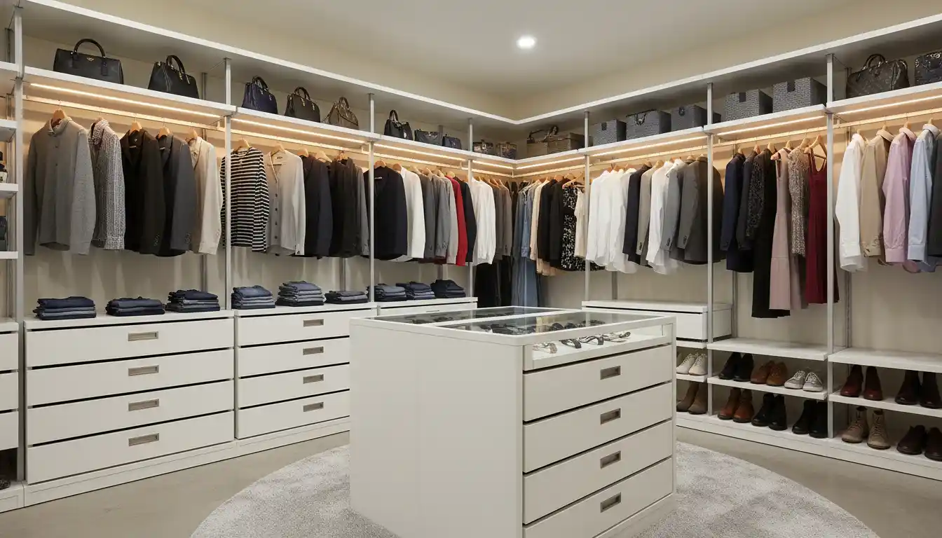 A walk-in closet organized with a white modular shelving and drawer system on a light-colored wall.