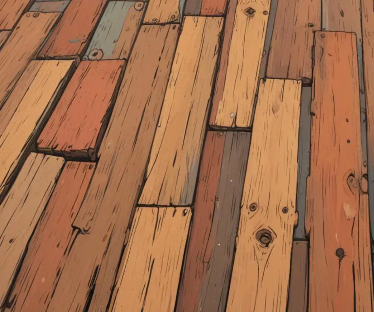 Close-up of thick, interlocking tongue and groove reclaimed wooden planks used for flooring and construction.