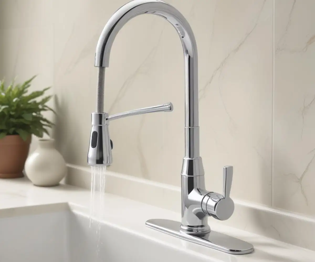 A modern chrome Kohler kitchen faucet with a high-arc spout installed on a white countertop.