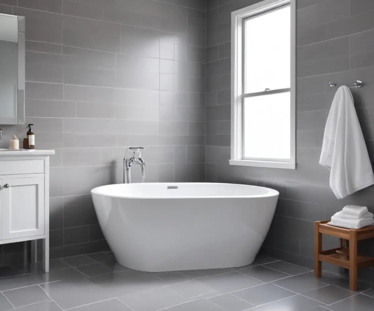 A modern, minimalist bathroom showcasing a sleek, white freestanding Kohler bathtub and a chrome floor-mounted tub filler on a gray tiled floor.