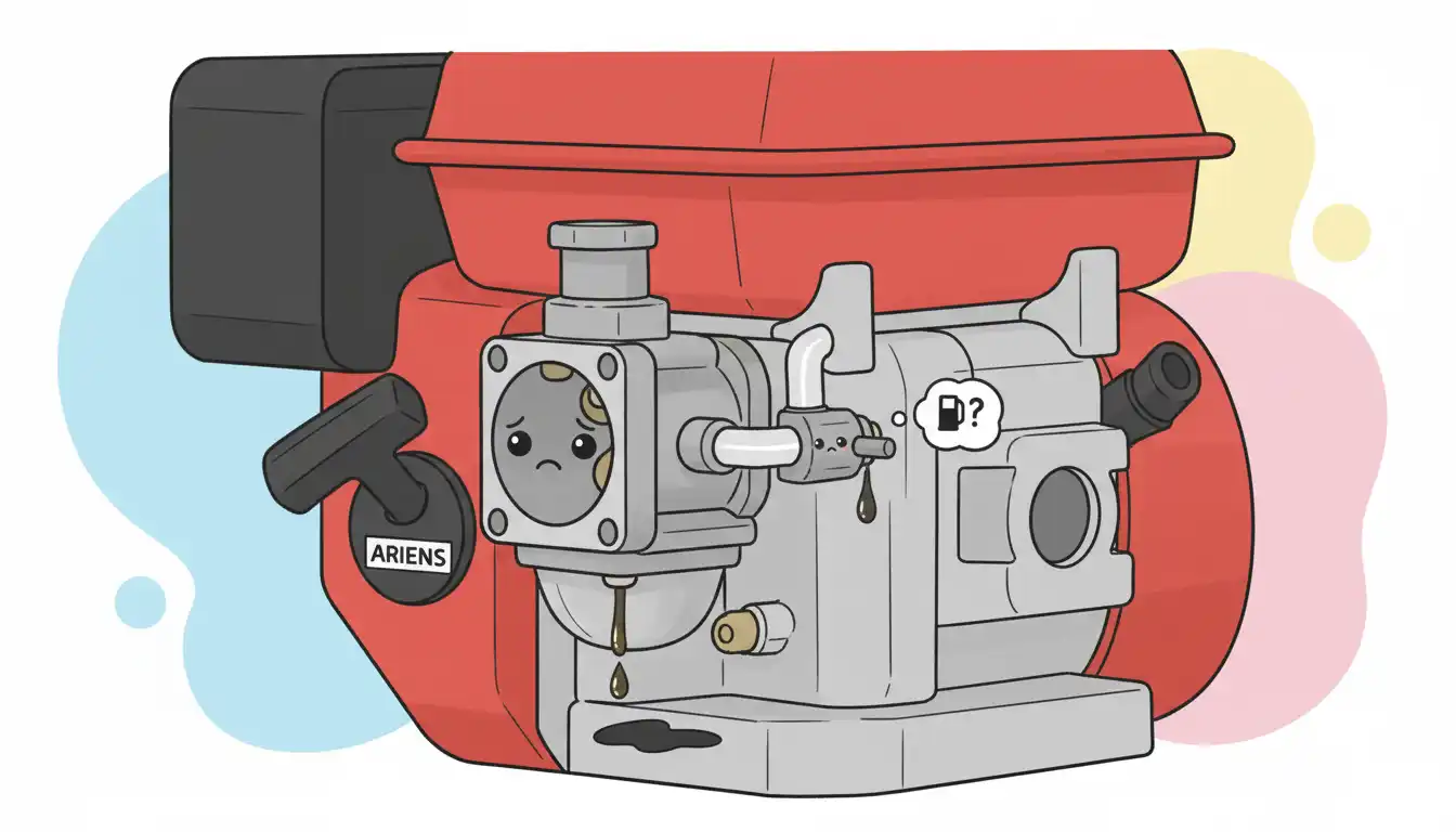 A close-up view of a red snow blower's engine, focusing on the carburetor and attached fuel line.