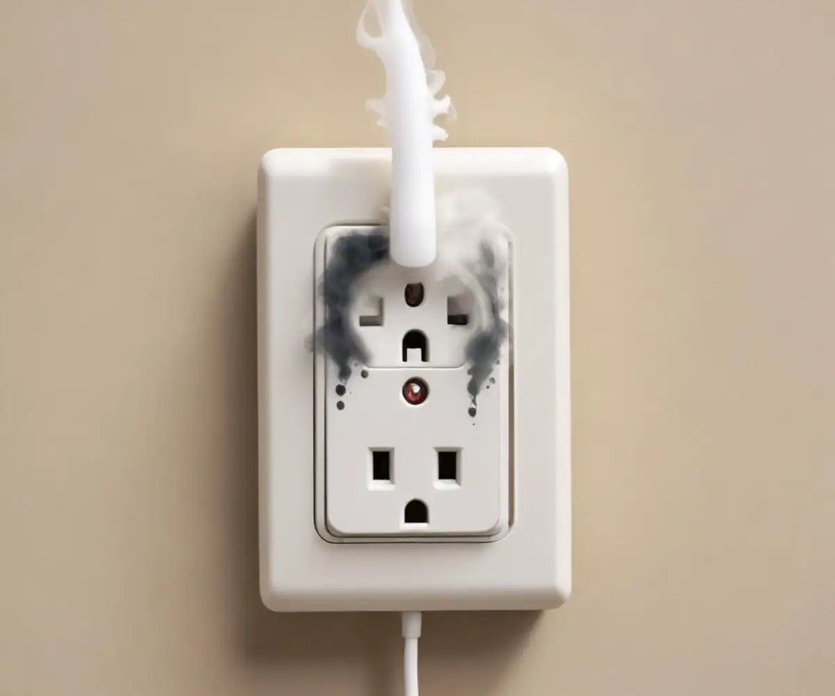 A white electrical plug-in air freshener unit plugged into a wall outlet, with a wisp of smoke rising from its vents.