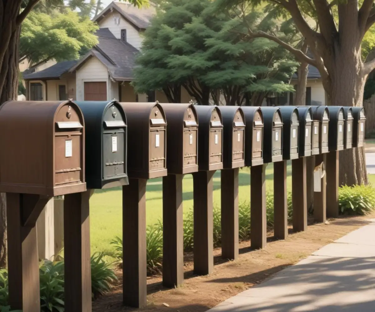 A row of curbside mailboxes on a residential street with no cars or people visible.
