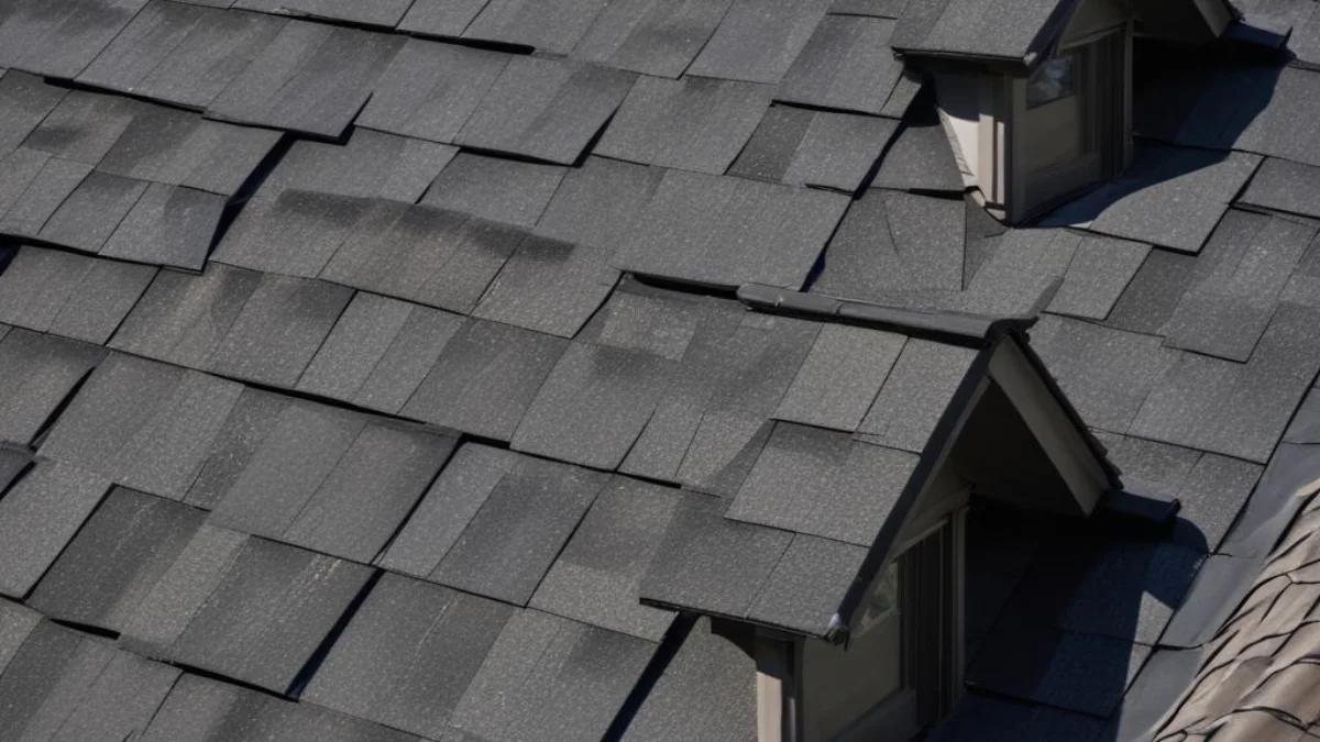 Close-up on the roof shingles and central gutter where two adjoining townhouses meet, forming a single, shared roofline.