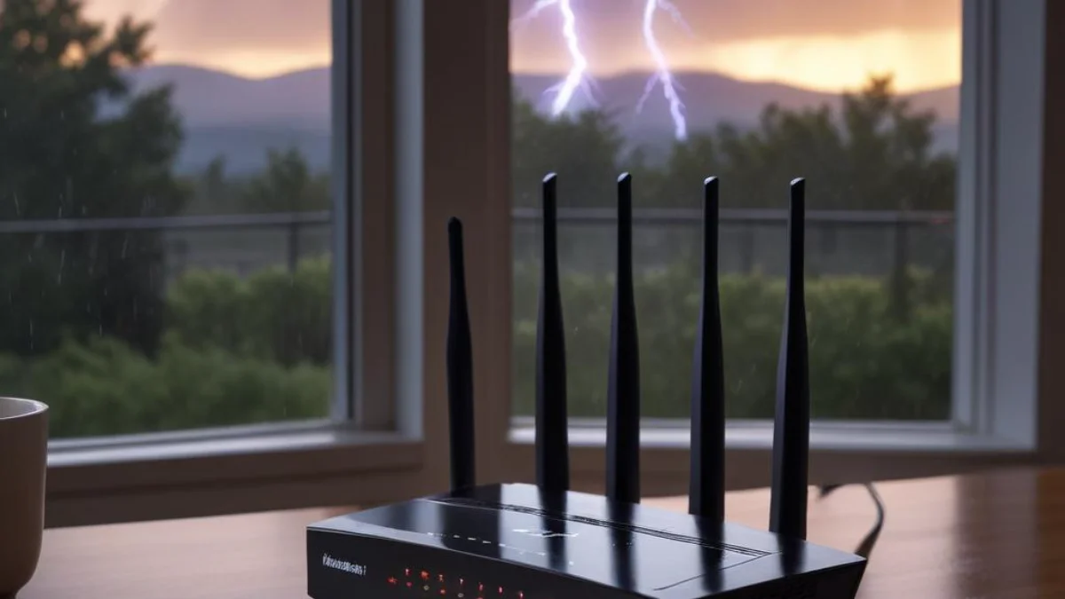 A powerless Wi-Fi router with dark indicator lights, sitting on a desk in front of a window with a lightning storm outside.