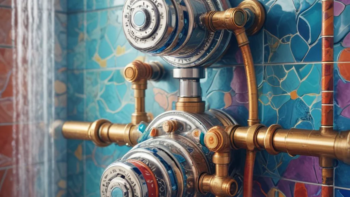 Close-up of a shower's thermostatic mixing valve with separate hot and cold water pipes.