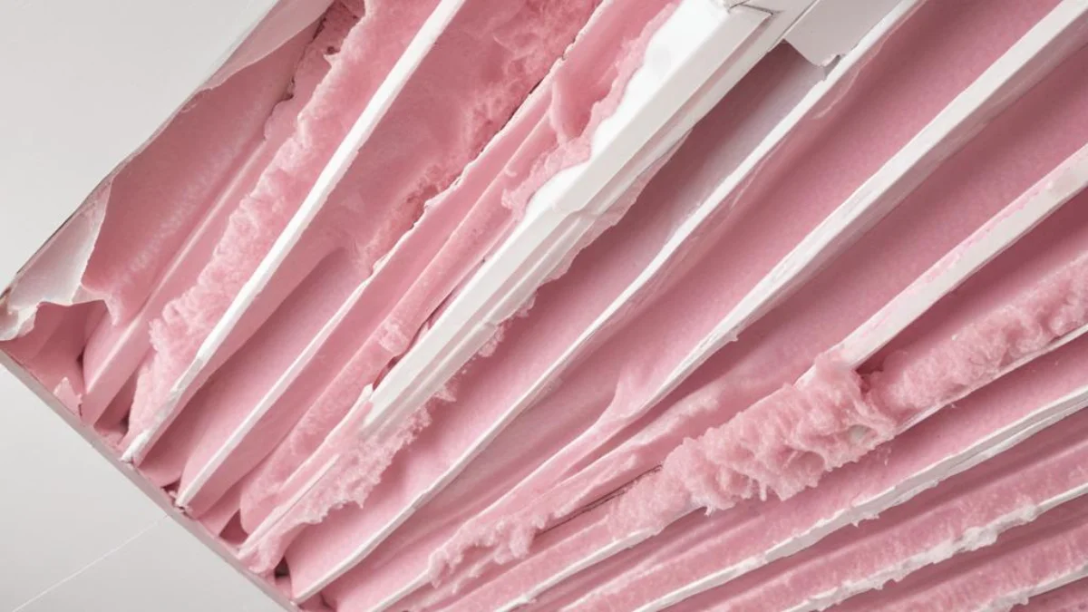 Pink, fluffy fiberglass insulation protruding from the slats of a white ceiling air vent.