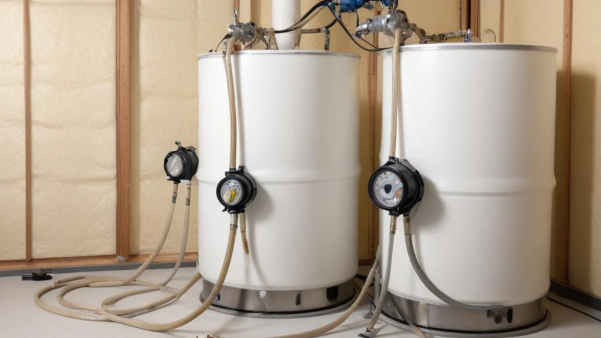 Two industrial chemical drums with high-pressure hoses connected to a professional spray foam insulation gun.