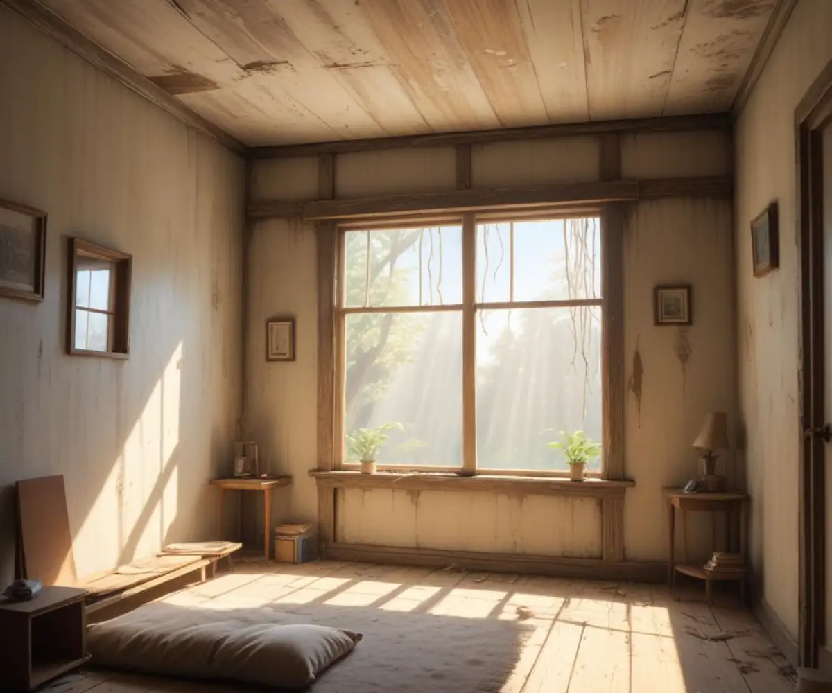 Sunlight from a window illuminating a fine white haze and dust particles suspended in the air inside a living room.