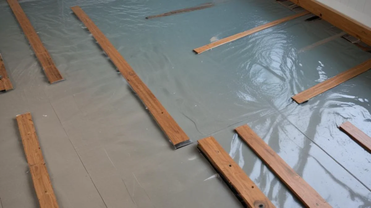 Buckled lifeproof flooring planks lifted to reveal water pooling on the subfloor.
