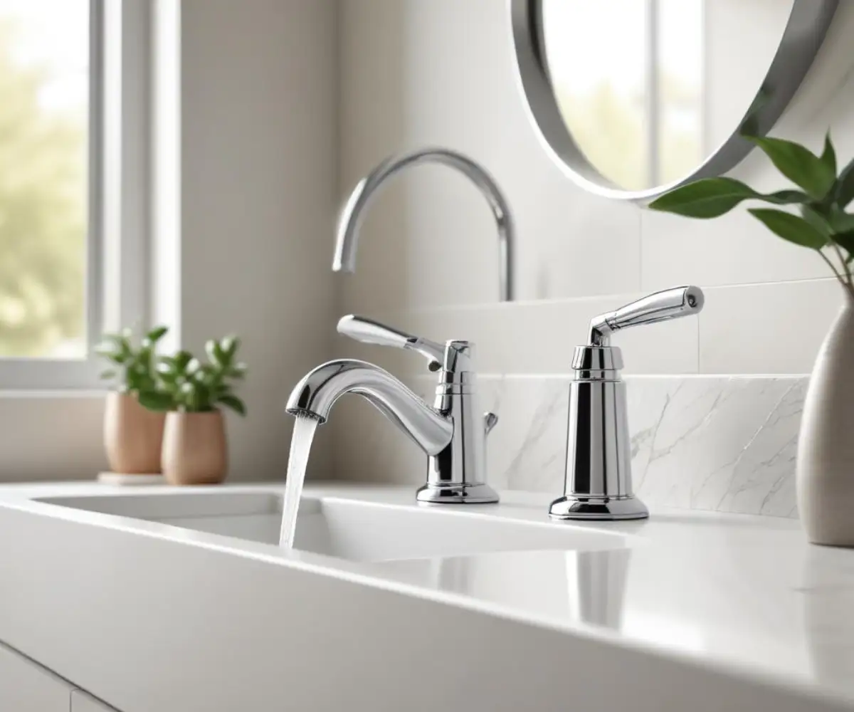 A modern chrome single-hole faucet and a classic widespread faucet with two handles installed on a white countertop.