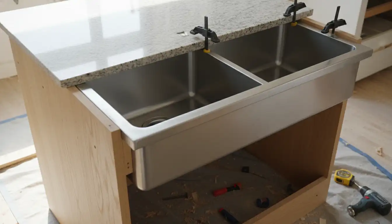 A stainless steel undermount kitchen sink being fitted into a light-colored wooden cabinet base.