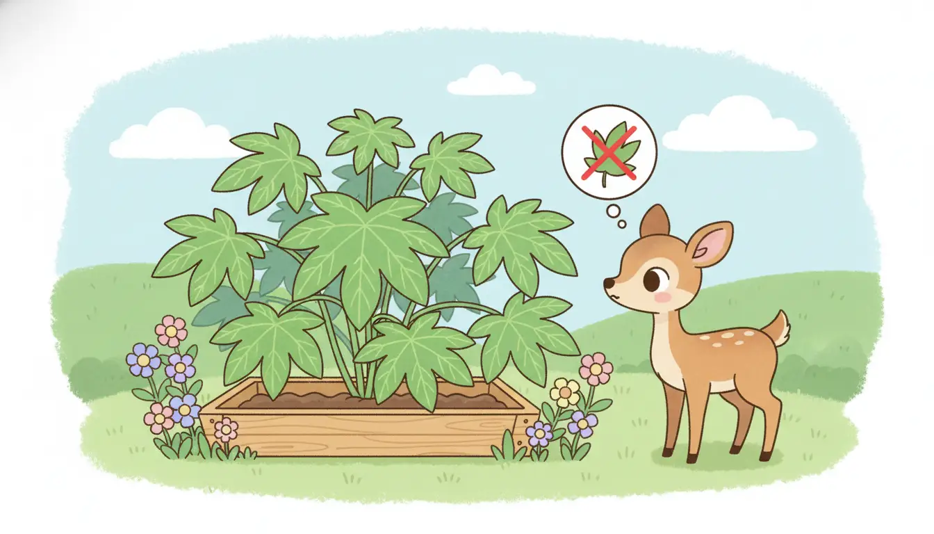 Lush, green castor bean plant with large, star-shaped leaves in a garden bed.