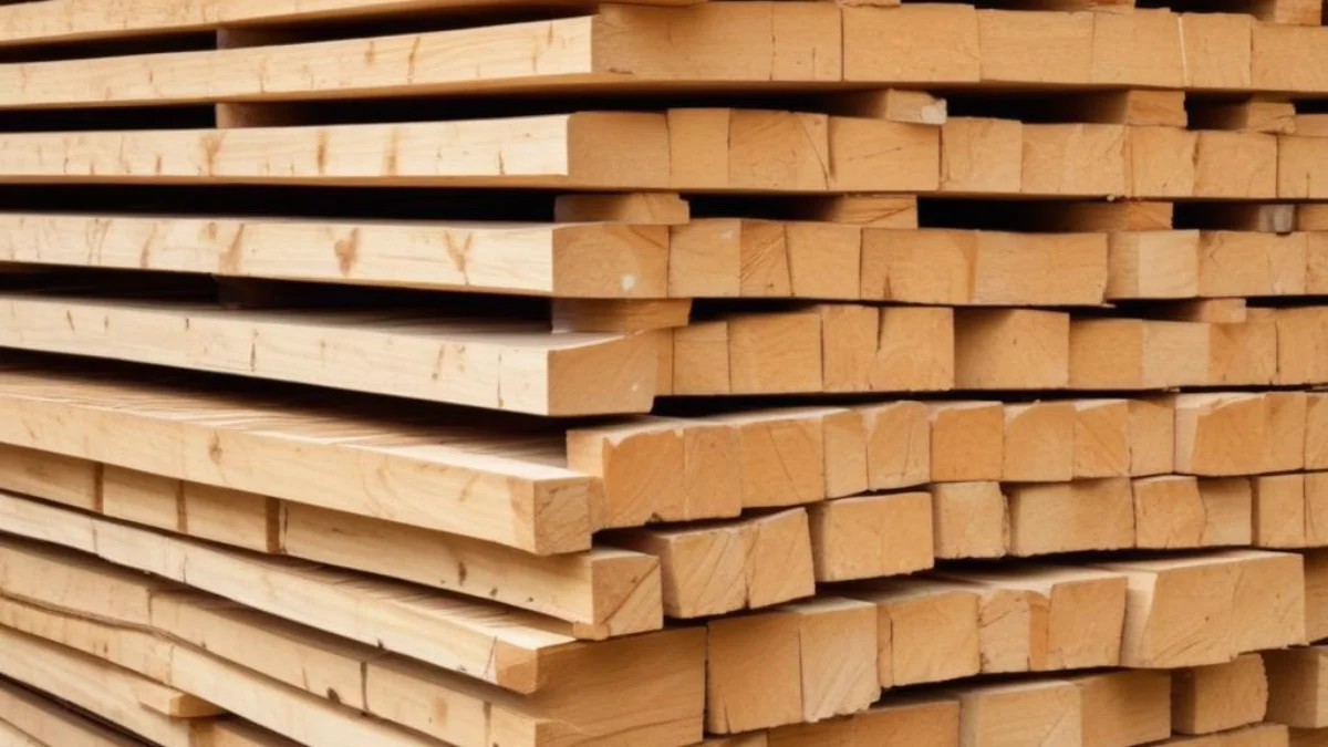 Stacks of lumber and posts for new fence construction, representing the fluctuating market prices for building materials.
