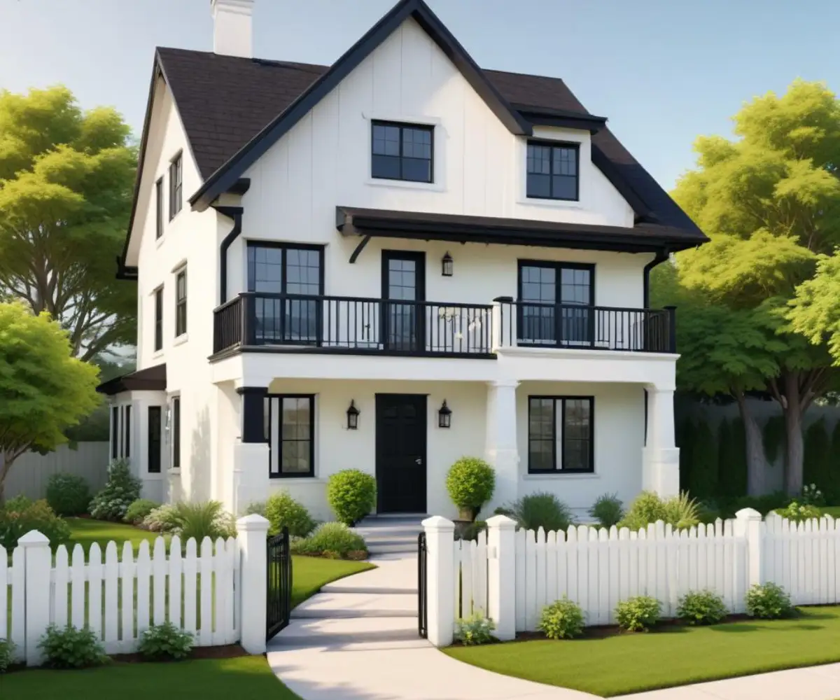 A freshly painted white two-story house with black trim and a well-maintained green lawn.