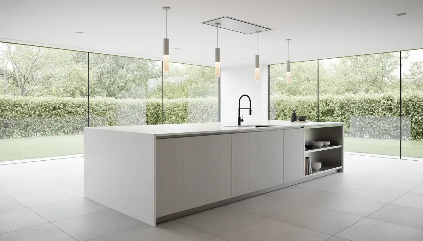 A modern kitchen island with a seamless, matte-finish white solid surface countertop.