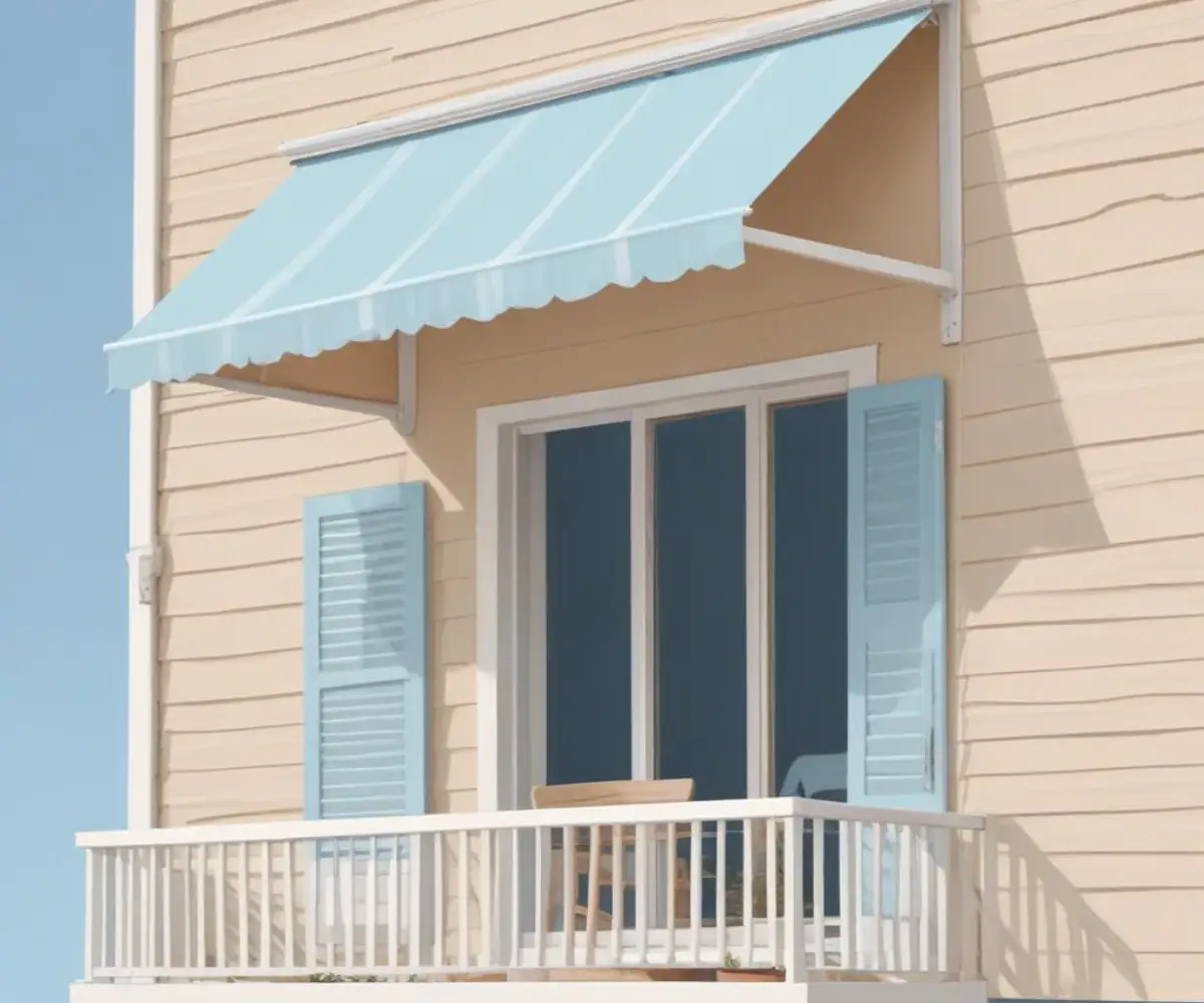 A beige retractable window awning extended over a window on a house with light blue vinyl siding.