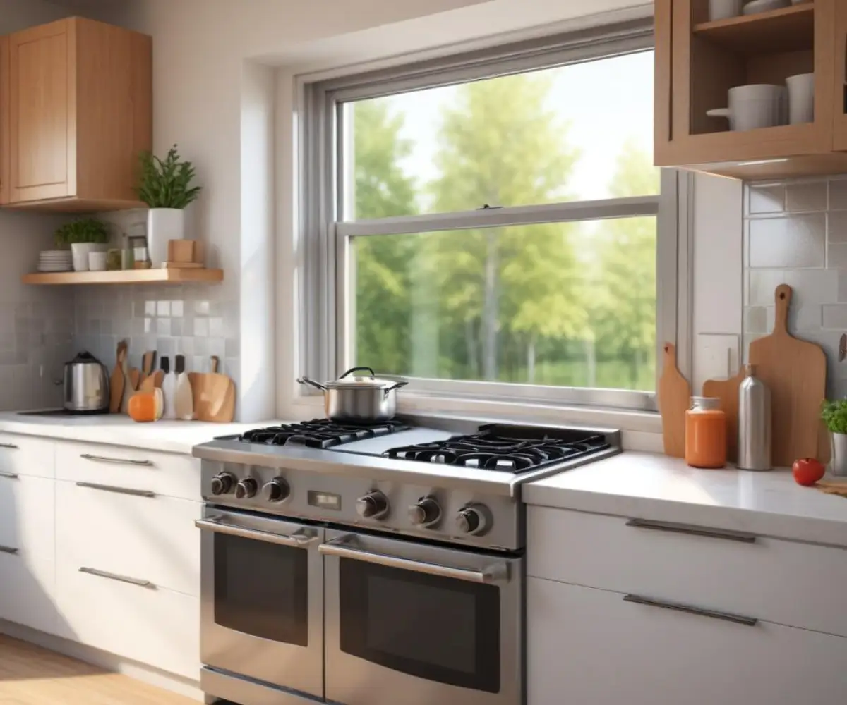 A modern kitchen interior featuring a stainless steel gas range situated in front of a large, clear glass window backsplash.