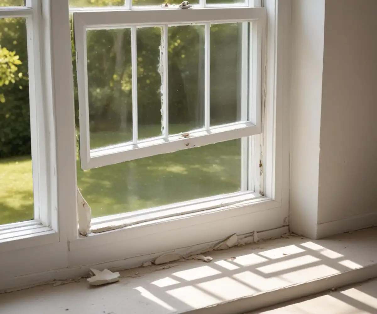 A residential window sash completely detached and fallen out from its white vinyl frame.