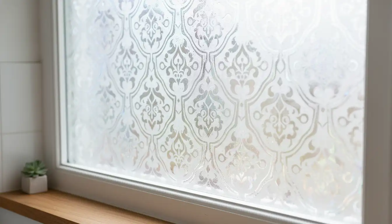 Frosted decorative privacy film on a bathroom window with soft daylight filtering through the pattern.