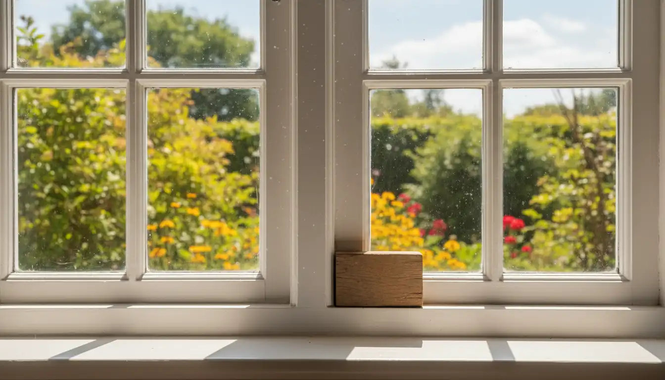 A white double-hung window propped open with a small wooden block on a sunny day.