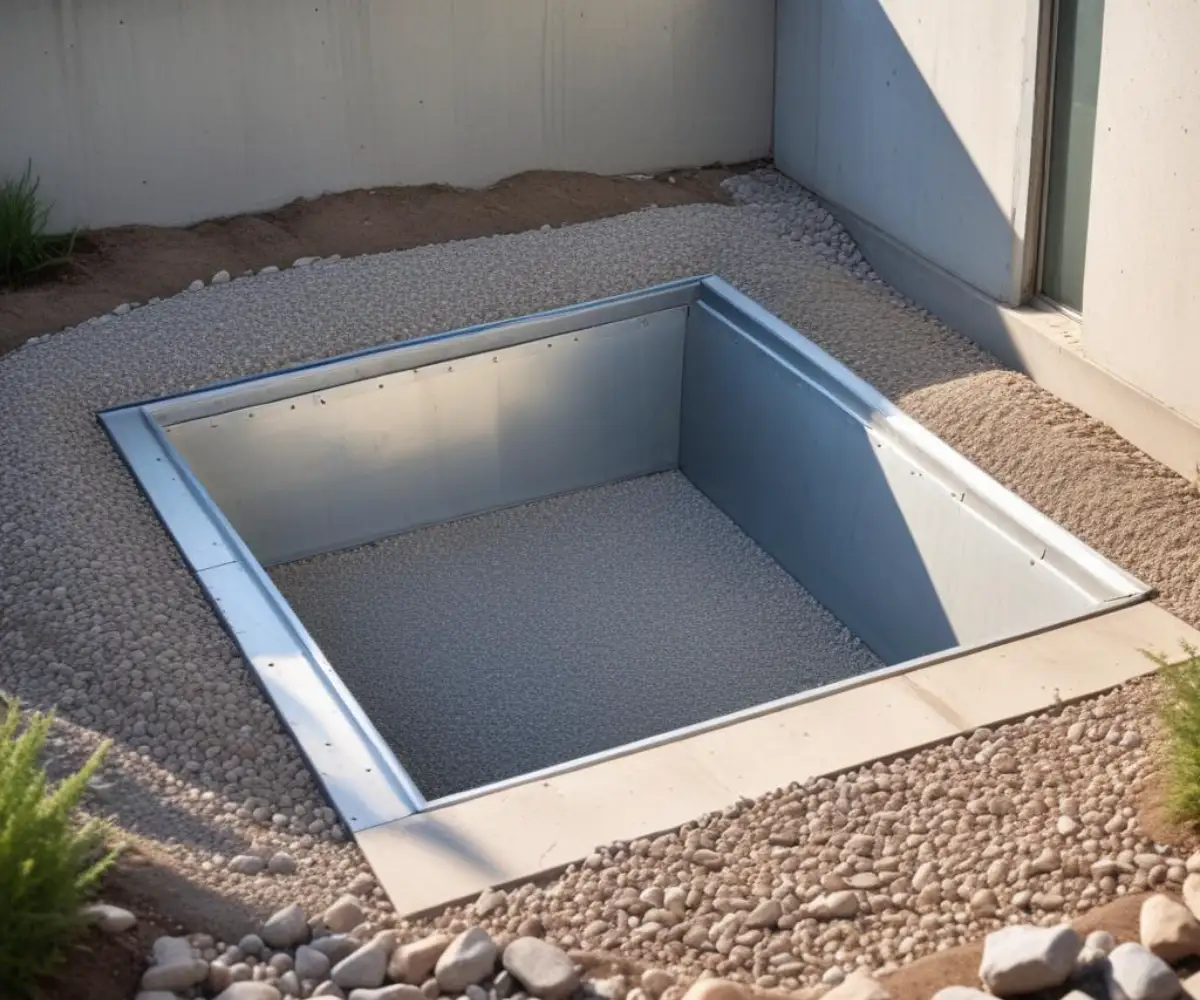 A galvanized steel window well surround inset into the ground against a home's concrete foundation, filled with a layer of drainage gravel at the bottom.