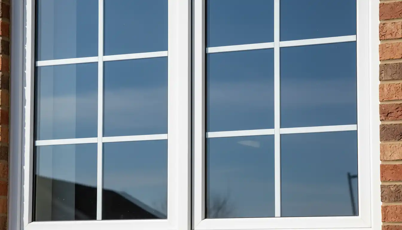 A white vinyl window with a colonial-style grid pattern sealed between the two panes of glass, showing a clean and smooth exterior surface.